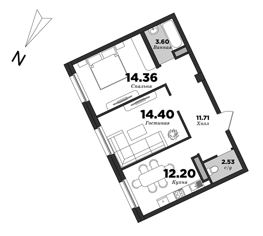 Esper Club, 2 спальни, 58.8 м² | планировка элитных квартир Санкт-Петербурга | М16